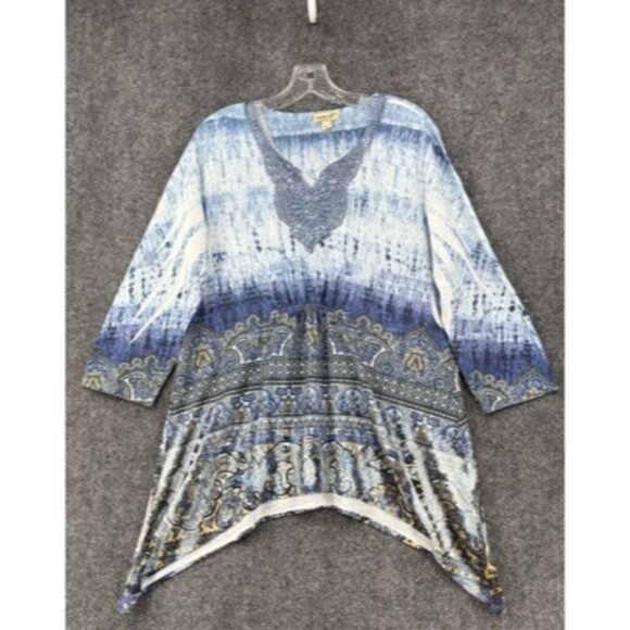 One World Women’s 1X Blue 3/4 Sleeve Top Asymmetrical Hem Tie Dyed Sequins Boho - Picture 1 of 11